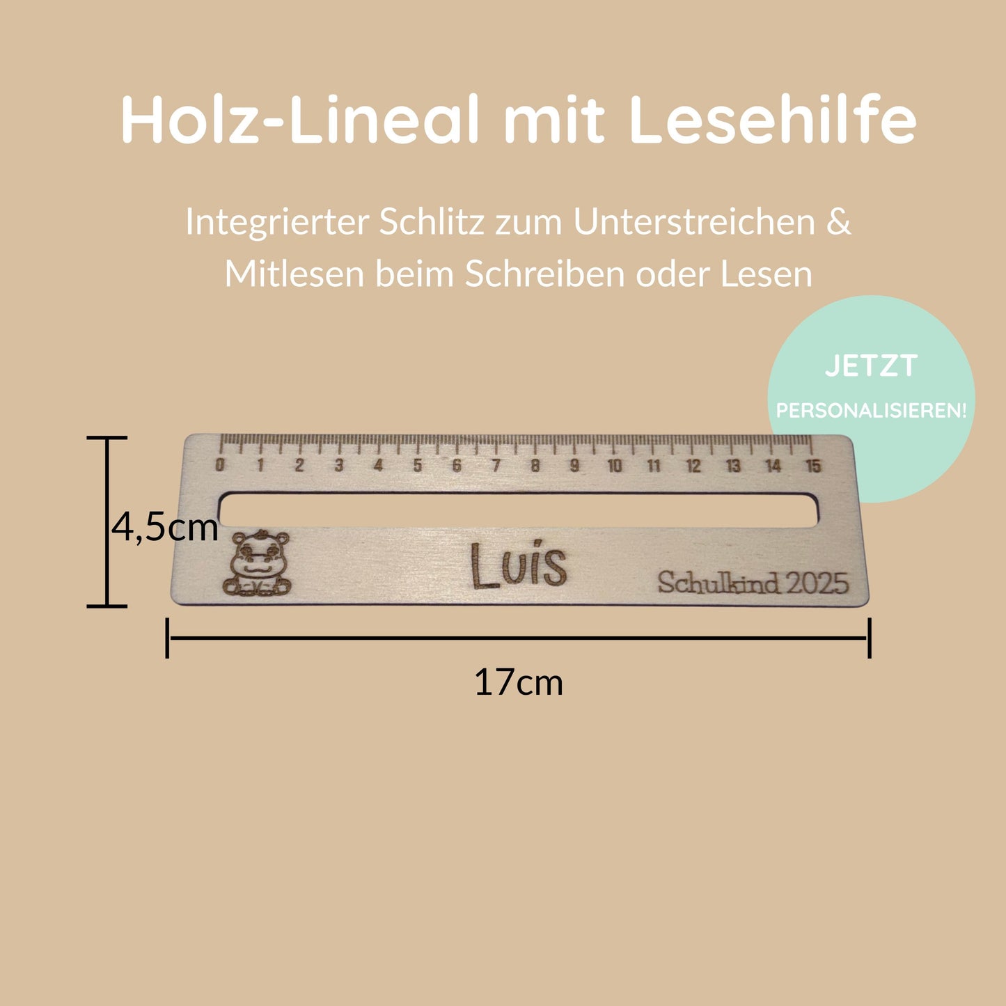 Personalisiertes Holzlineal mit Lesehilfe – Geschenk zur Einschulung – Schulkind 2026 – 15 cm Lineal mit Namensgravur