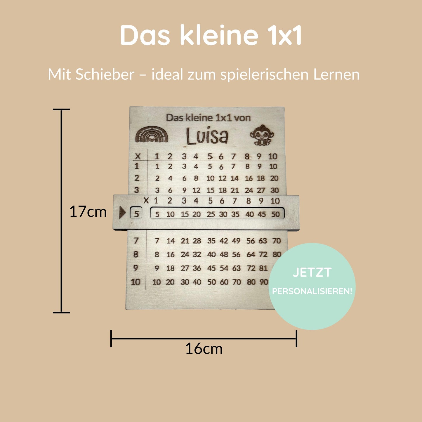 Personalisierte Mathe-Lerntafel aus Holz, das kleines 1x1, Schulkind 2026