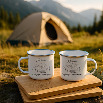 Personalisiertes Camping Geschenk Set – Frühstücksset mit Emaille Tasse + Holzbrettchen für Camper & Vanlife Fans, Wohnmobil, Geschenkidee