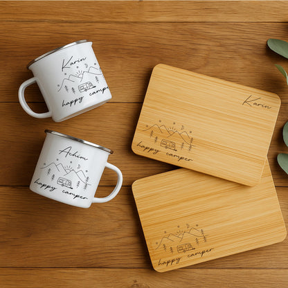 Personalisiertes Camping Geschenk Set – Frühstücksset mit Emaille Tasse + Holzbrettchen für Camper & Vanlife Fans, Wohnmobil, Geschenkidee