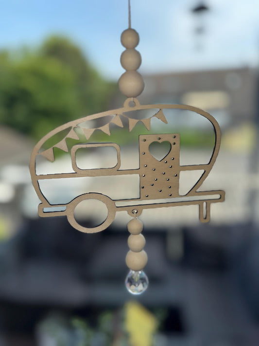 Sonnenfänger Wohnwagen Holz | Camping Deko Fenster Boho | Geschenk Camper Vanlife | Kristall Anhänger Hängedeko Wohnmobil | Deko für Camper