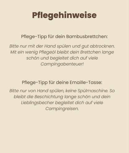 Personalisiertes Camping Geschenk Set – Frühstücksset mit Emaille Tasse + Holzbrettchen für Camper & Vanlife Fans, Wohnmobil, Geschenkidee