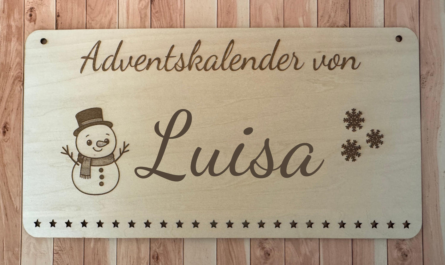 Personalisierter Adventskalender Holz mit Schneemann – nachhaltiger, wiederverwendbarer Weihnachtskalender, Geschenkidee Familie Kinder
