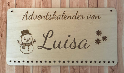 Personalisierter Adventskalender Holz mit Schneemann – nachhaltiger, wiederverwendbarer Weihnachtskalender, Geschenkidee Familie Kinder