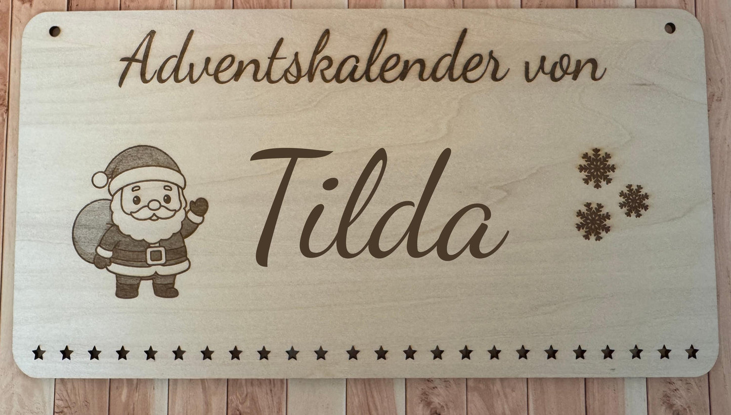 Personalisierter Adventskalender Holz mit Weihnachtsmann – nachhaltiger, wiederverwendbarer Weihnachtskalender, Geschenkidee Familie Kinder