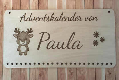 Personalisierter Adventskalender Holz mit Rentier – nachhaltiger, wiederverwendbarer Weihnachtskalender, Geschenkidee Familie Kinder