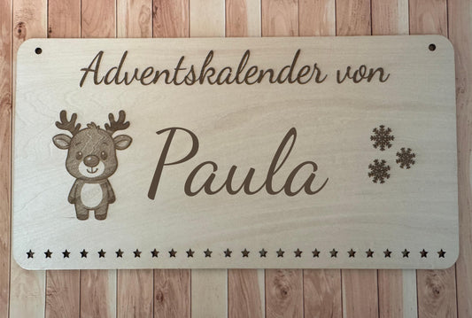 Personalisierter Adventskalender Holz mit Rentier – nachhaltiger, wiederverwendbarer Weihnachtskalender, Geschenkidee Familie Kinder