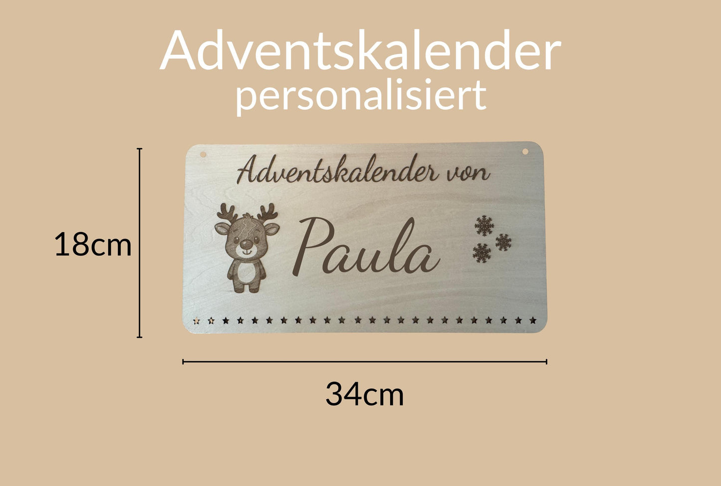Personalisierter Adventskalender Holz mit Rentier – nachhaltiger, wiederverwendbarer Weihnachtskalender, Geschenkidee Familie Kinder