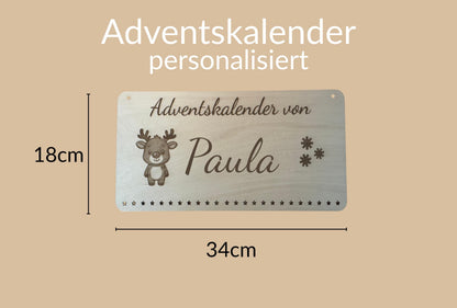 Personalisierter Adventskalender Holz mit Rentier – nachhaltiger, wiederverwendbarer Weihnachtskalender, Geschenkidee Familie Kinder