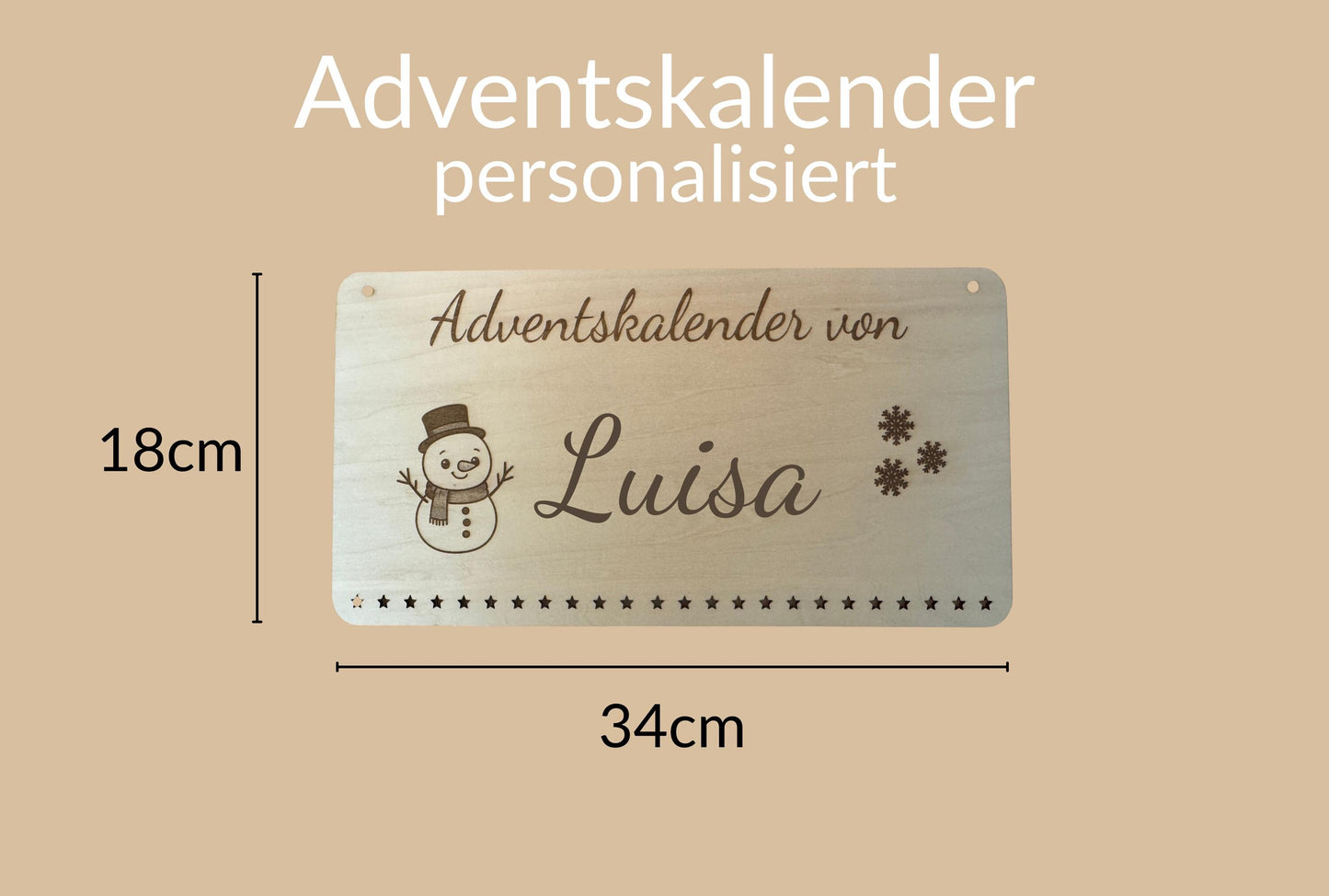 Personalisierter Adventskalender Holz mit Schneemann – nachhaltiger, wiederverwendbarer Weihnachtskalender, Geschenkidee Familie Kinder