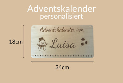 Personalisierter Adventskalender Holz mit Schneemann – nachhaltiger, wiederverwendbarer Weihnachtskalender, Geschenkidee Familie Kinder