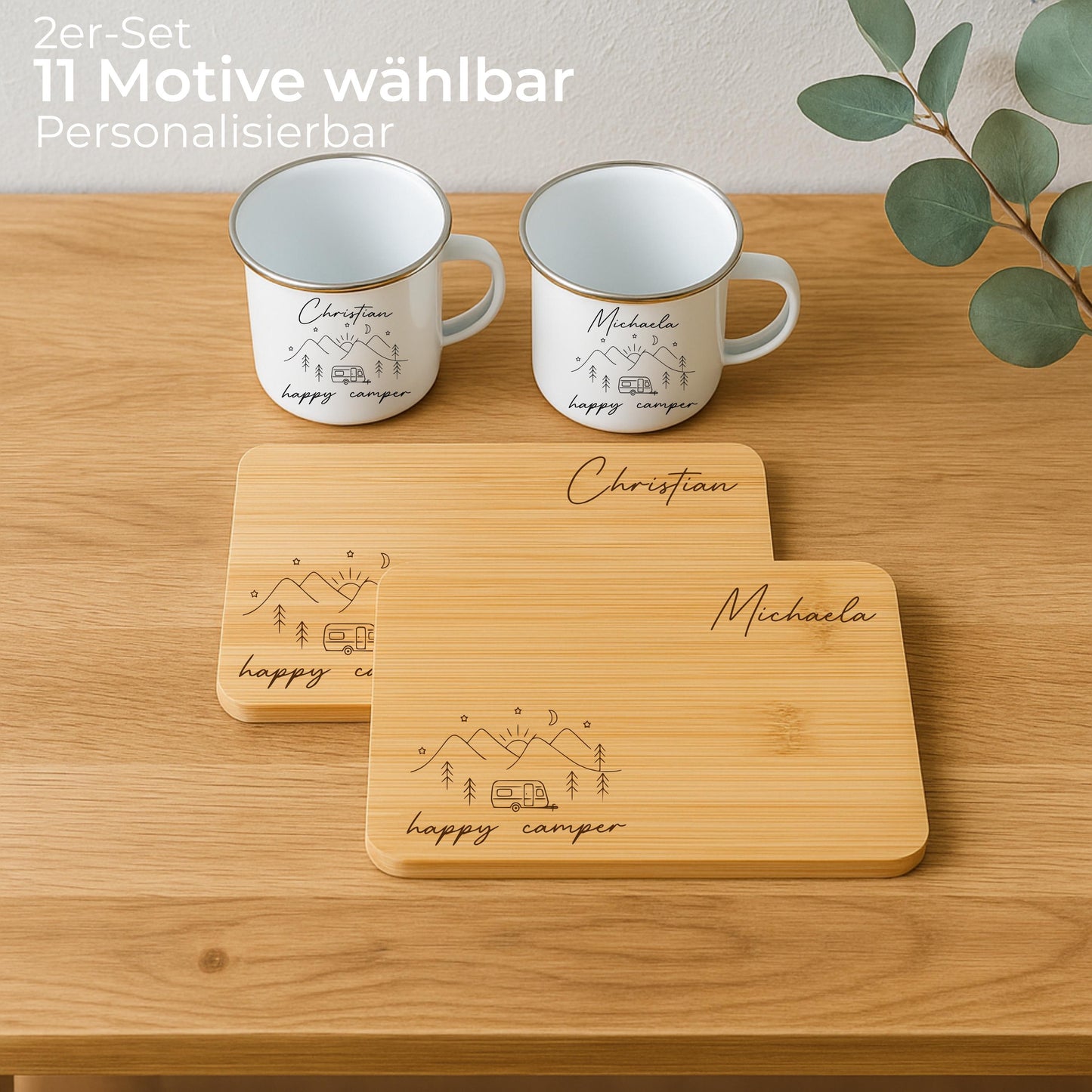 Personalisiertes Camping Geschenk Set – Frühstücksset mit Emaille Tasse + Holzbrettchen für Camper & Vanlife Fans, Wohnmobil, Geschenkidee