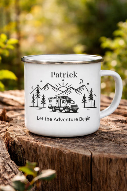 Personalisiertes Camping Geschenk Set - Brettchen + Tasse – Spruch, Koordinaten oder Wunschspruch – Geschenk für Camper, Vanlife & Outdoor