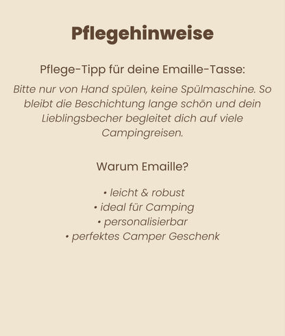 Emaille Camping Tasse personalisiert mit Namen, Spruch, Koordinaten oder Wunschspruch – Geschenk für Camper, Vanlife & Outdoor Abenteuer