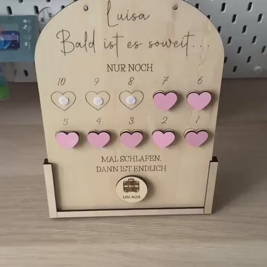 Personalisierte Countdown Tafel aus Holz | Klett Herzen & Buttons | Einschulung, Urlaub, Geburtstag | Kinder Geschenk Idee