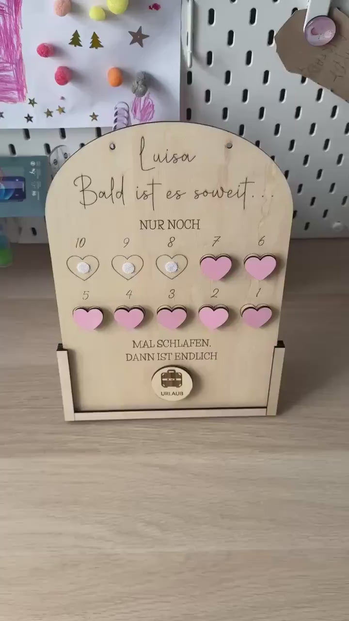 Personalisierte Countdown Tafel aus Holz | Klett Herzen & Buttons | Einschulung, Urlaub, Geburtstag | Kinder Geschenk Idee