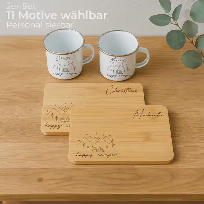 Personalisiertes Camping Geschenk Set – Frühstücksset mit Emaille Tasse + Holzbrettchen für Camper & Vanlife Fans, Wohnmobil, Geschenkidee