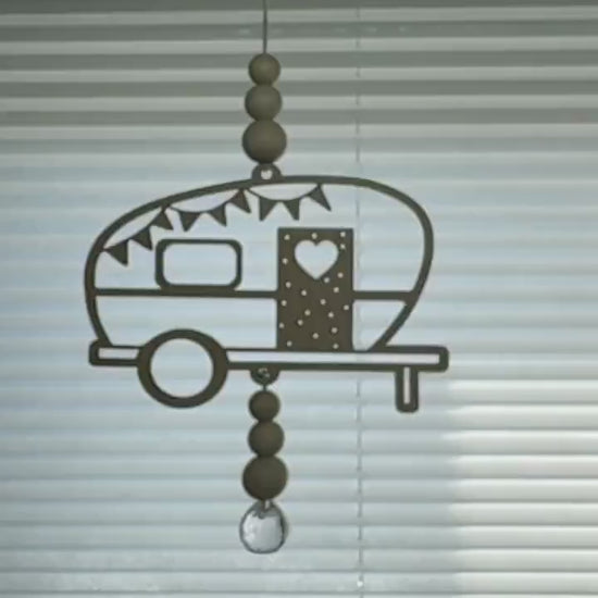 Sonnenfänger Wohnwagen Holz | Camping Deko Fenster Boho | Geschenk Camper Vanlife | Kristall Anhänger Hängedeko Wohnmobil  | Deko für Camper