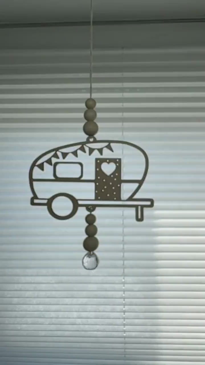 Sonnenfänger Wohnwagen Holz | Camping Deko Fenster Boho | Geschenk Camper Vanlife | Kristall Anhänger Hängedeko Wohnmobil  | Deko für Camper